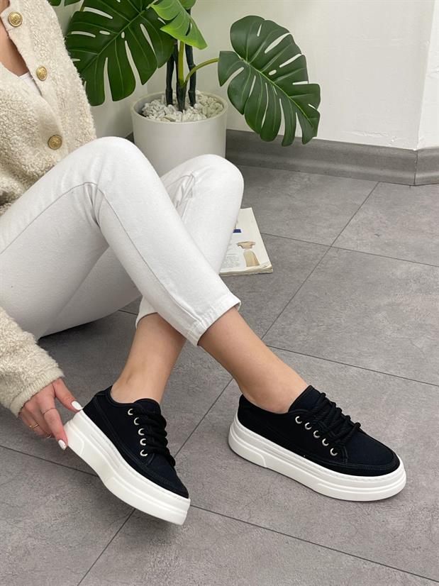 Siyah Keten (Werner) Bağcıklı Kadın Sneakers