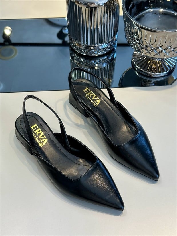 Siyah Kırışık Deri (Terry) Kadın Babet