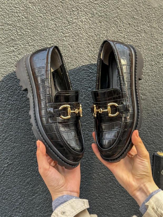 Siyah Kroko (Magnus) Toka Detay Kadın Loafer