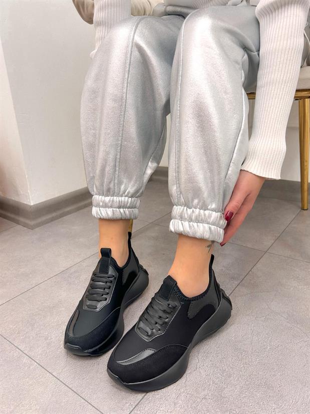 Siyah Triko (Mines) Kadın Bağcıklı Sneakers