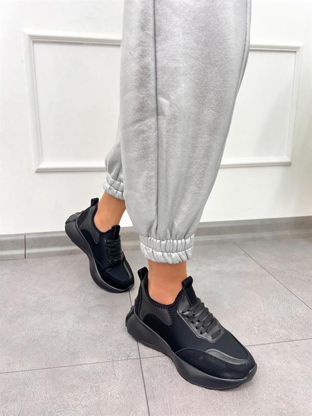 Siyah Triko (Mines) Kadın Bağcıklı Sneakers