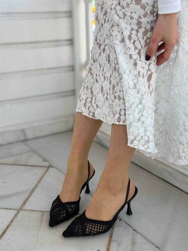 Siyah Örgü (Leay) Lastikli Kadın Stiletto