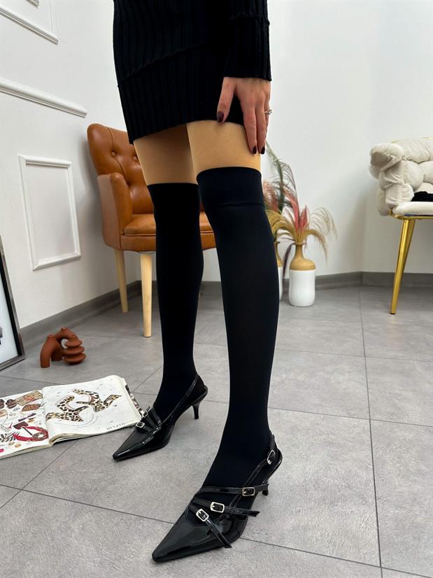 Siyah Rugan (Allysa) Üç Bantlı Toka Detaylı Kadın Stiletto