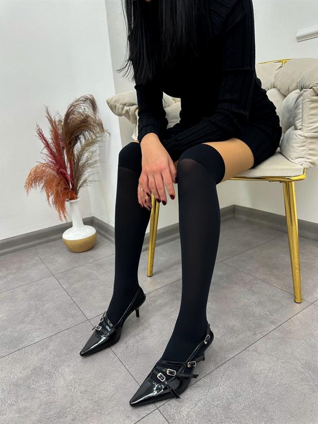 Siyah Rugan (Allysa) Üç Bantlı Toka Detaylı Kadın Stiletto