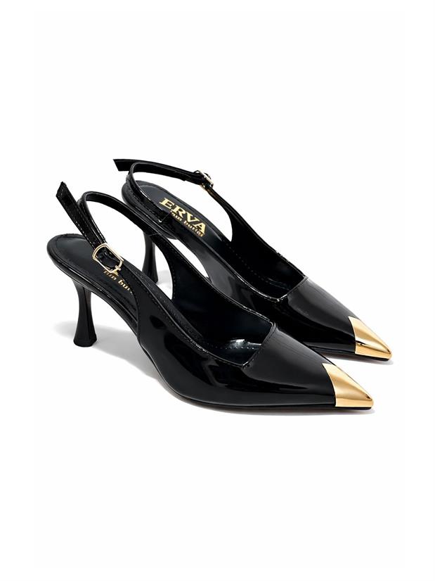 Siyah Rugan (Blue) Gold Metal Parça Detay Kadın Stiletto