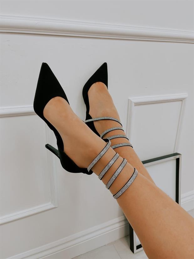 Siyah Saten (Brice) Taş Detay Bilek Bağlamalı Kadın Stiletto