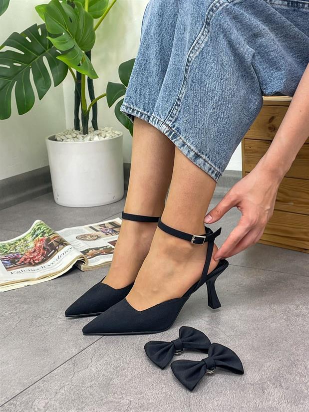 Siyah Saten (Jolie) Tak Çıkar Aksesuarlı Stiletto
