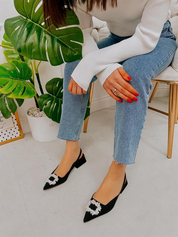 Siyah Saten (Sasha) Taş Detay Kadın Babet