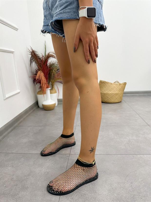 Siyah (Sparkle) Taş Detay File Kadın Sandalet