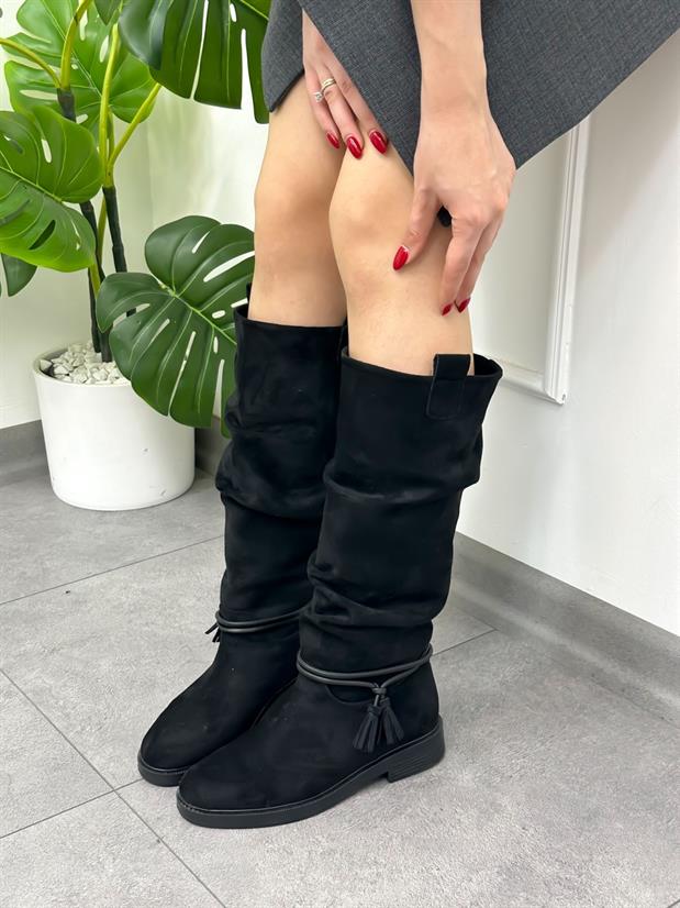 Siyah Süet (Boody) Büzgü Detay Kadın Çizme