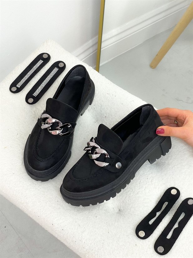 Siyah Süet (Fabio) Üç Tokalı Kadın Loafer
