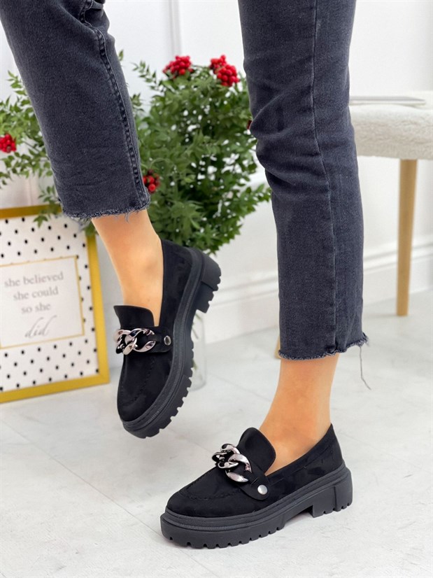 Siyah Süet (Fabio) Üç Tokalı Kadın Loafer