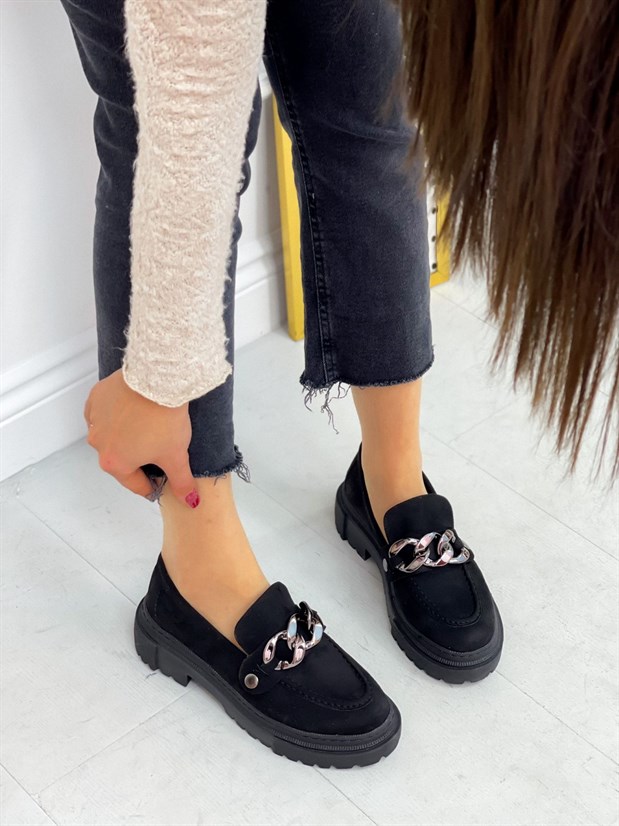 Siyah Süet (Fabio) Üç Tokalı Kadın Loafer