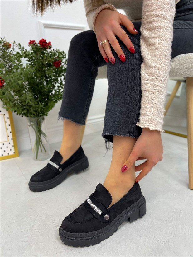 Siyah Süet (Fabio) Üç Tokalı Kadın Loafer