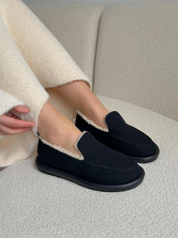 Siyah Süet (Juno) İci Peluş Kadın Loafer