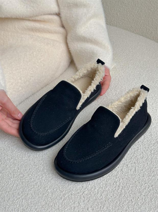 Siyah Süet (Juno) İci Peluş Kadın Loafer