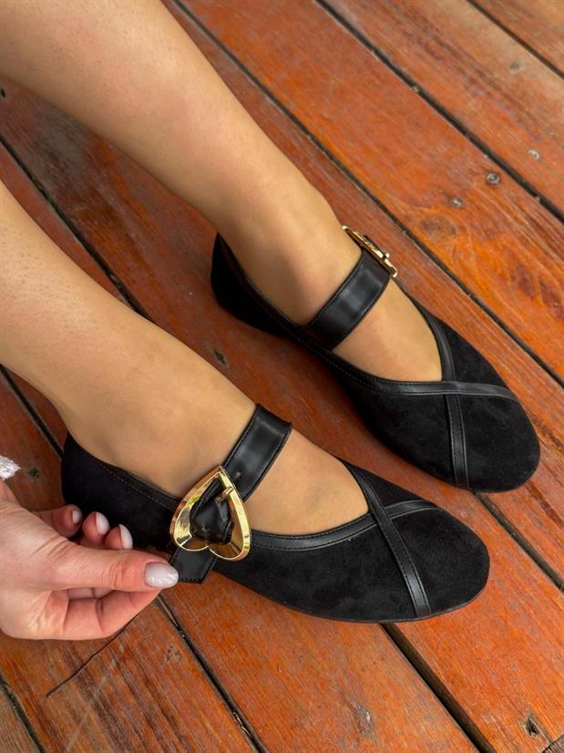 Siyah Süet (Love) Kalp Toka Detay Kadın Babet