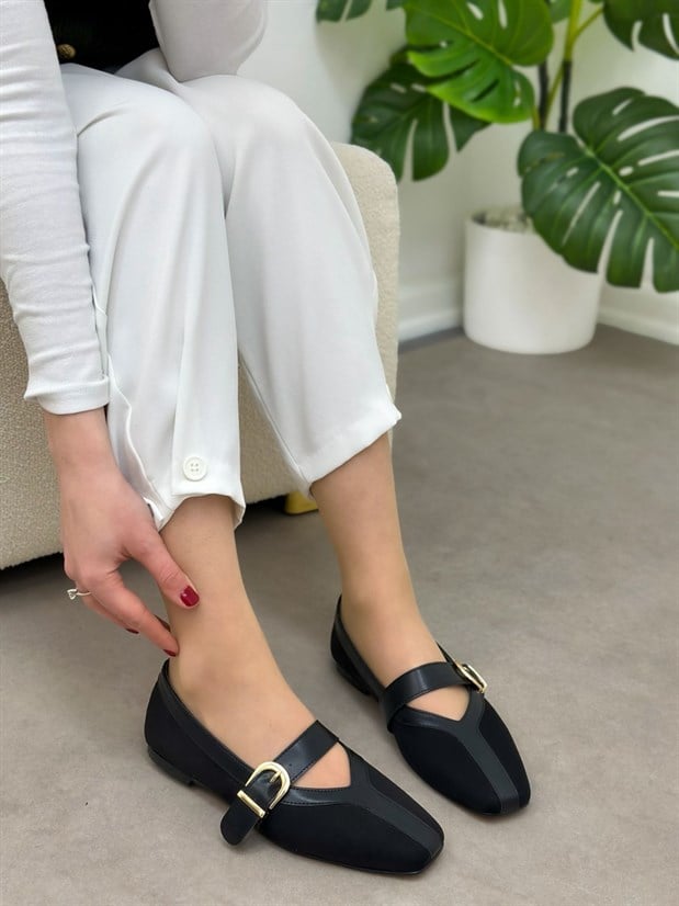 Siyah Süet (Luna) Deri Parça Detay Kadın Babet