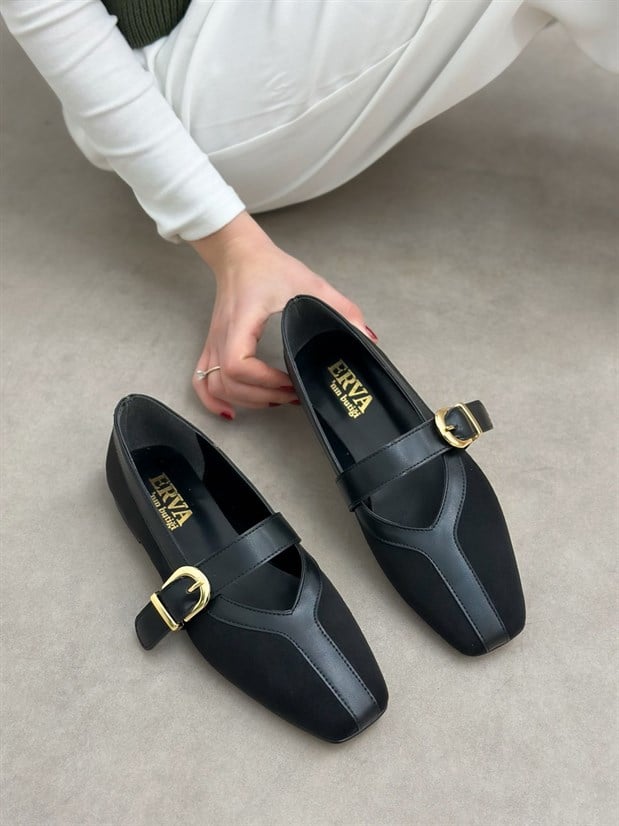 Siyah Süet (Luna) Deri Parça Detay Kadın Babet