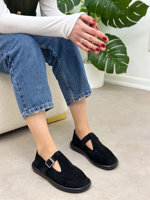 Siyah Süet (Olivia) Toka Detaylı Kadın Loafer