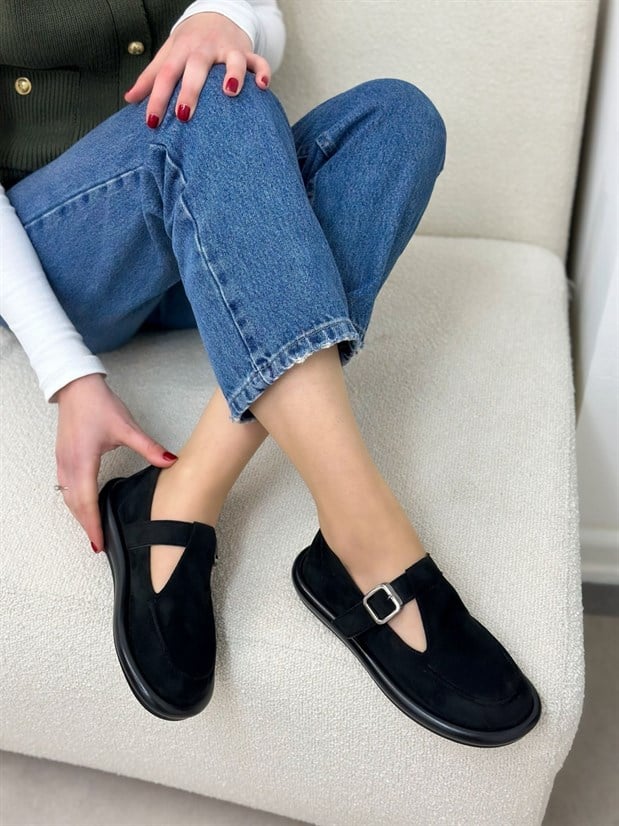 Siyah Süet (Olivia) Toka Detaylı Kadın Loafer