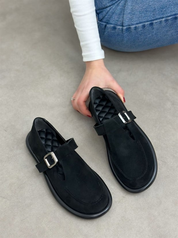 Siyah Süet (Olivia) Toka Detaylı Kadın Loafer