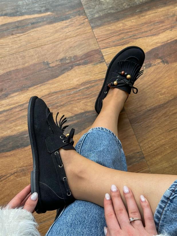 Siyah Süet (Shake) Saraçlı Boncuk Detay Kadın Loafer