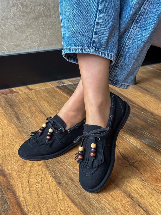 Siyah Süet (Shake) Saraçlı Boncuk Detay Kadın Loafer