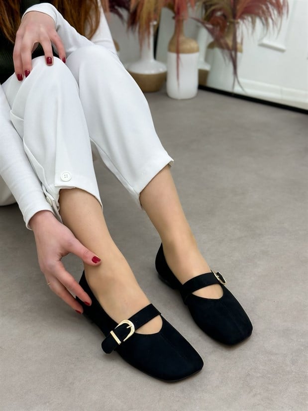 Siyah Süet (Silva) Lastik Toka Detay Kadın Babet