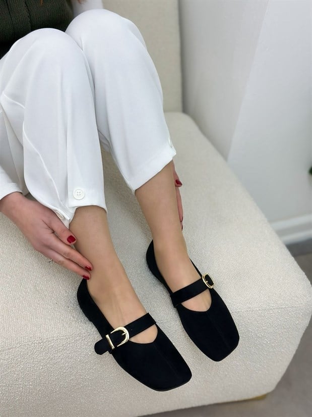 Siyah Süet (Silva) Lastik Toka Detay Kadın Babet