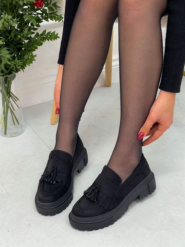 Siyah Süet (Tassel) Püskül Detay Kadın Loafer