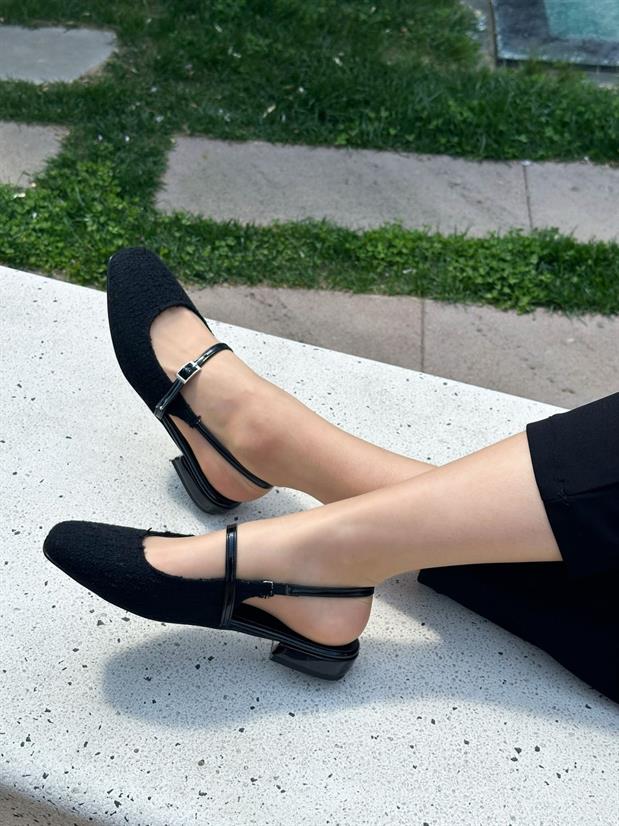 Siyah Tüvit (Ceolle) Küt Burun Kemer Detay Kısa Topuklu Kadın Babet