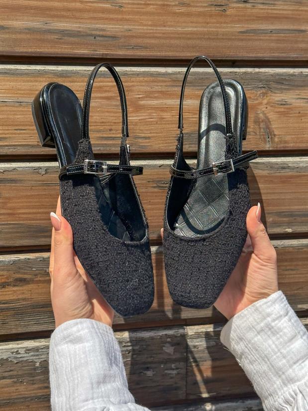 Siyah Tüvit (Ceolle) Küt Burun Kemer Detay Kısa Topuklu Kadın Babet