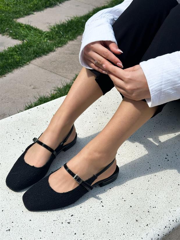 Siyah Tüvit (Ceolle) Küt Burun Kemer Detay Kısa Topuklu Kadın Babet