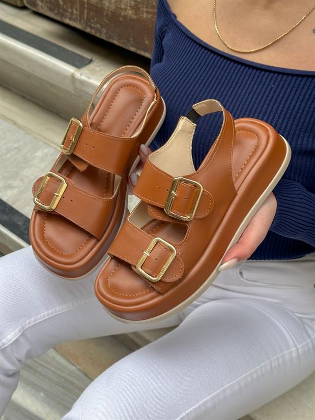 Taba Cilt (Jenny) Gold Toka Detay Kadın Sandalet