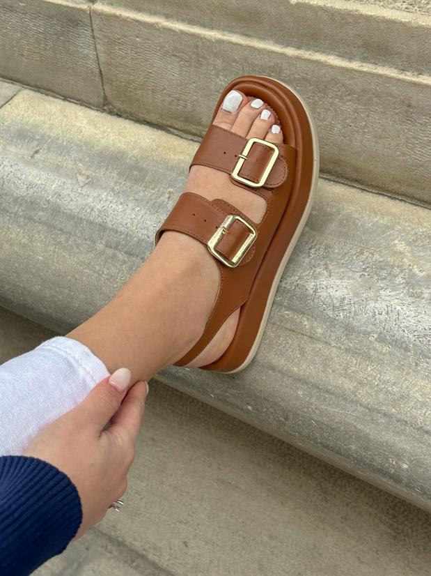 Taba Cilt (Jenny) Gold Toka Detay Kadın Sandalet