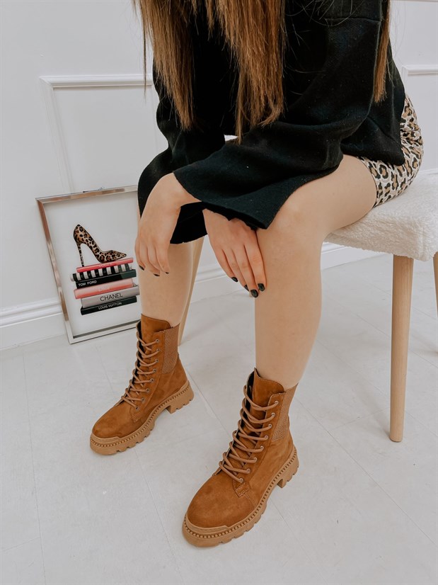 Taba Süet (Leroy) Lastik Detay Kadın Bağcıklı Postal