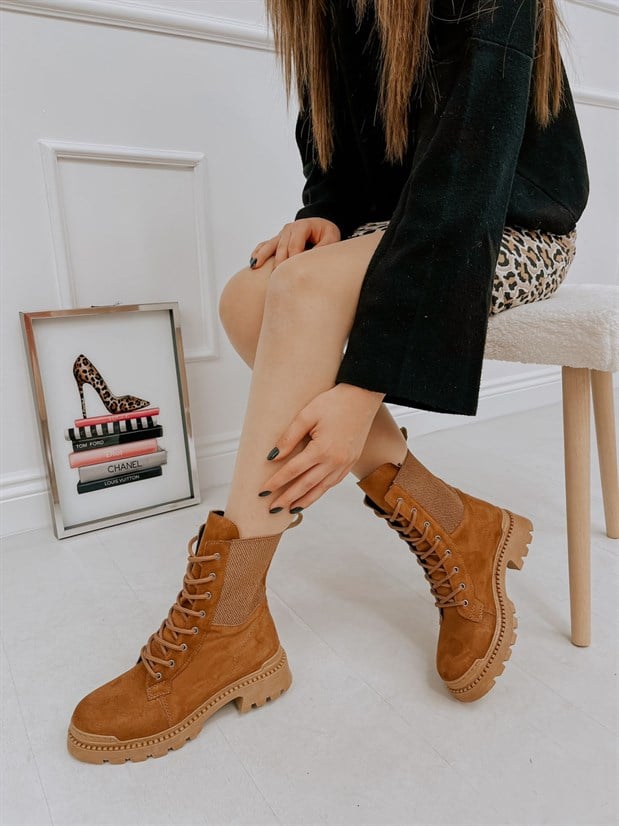 Taba Süet (Leroy) Lastik Detay Kadın Bağcıklı Postal