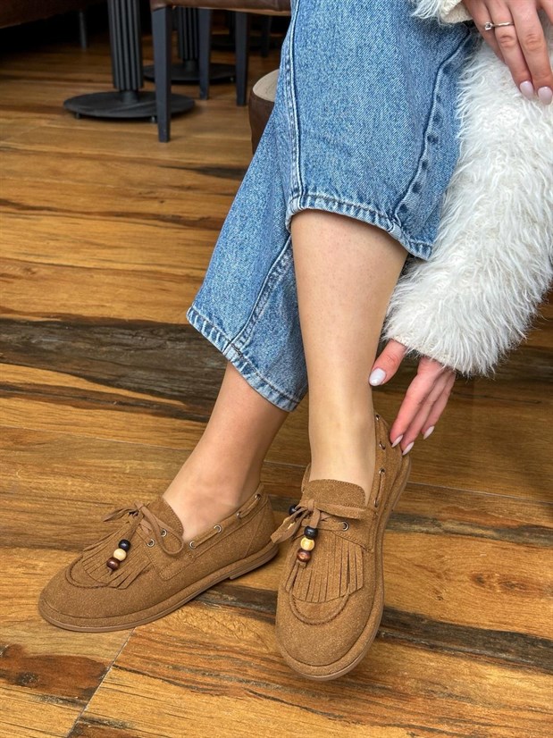 Taba Süet (Shake) Saraçlı Boncuk Detay Kadın Loafer