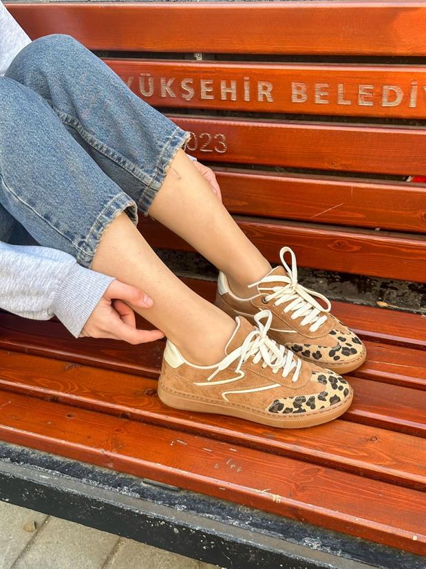 Taba Süet (Wins) Leoparlı Bağcıklı Kadın Sneakers