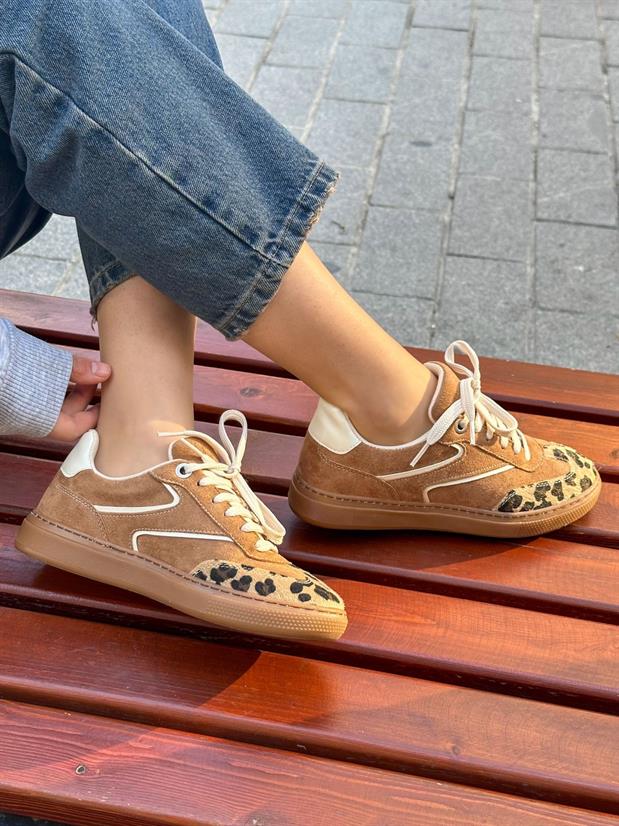 Taba Süet (Wins) Leoparlı Bağcıklı Kadın Sneakers