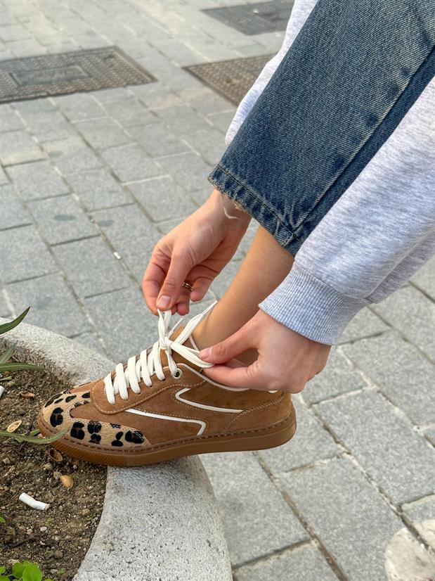 Taba Süet (Wins) Leoparlı Bağcıklı Kadın Sneakers