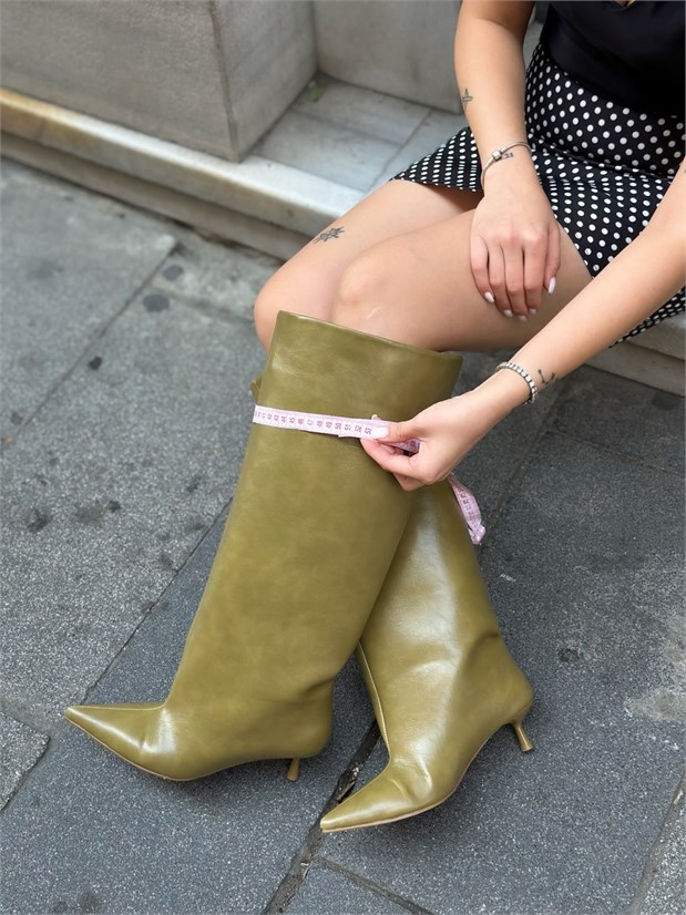 Yağ Yeşili Cilt (Veray) XL Oversize Kalın Baldır 5 Cm Mini Topuk Çizme