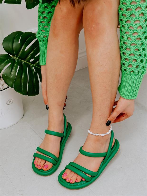 Yeşil Cilt (Wolf) Bant Detay Kadın Puff Sandalet