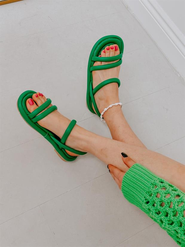 Yeşil Cilt (Wolf) Bant Detay Kadın Puff Sandalet