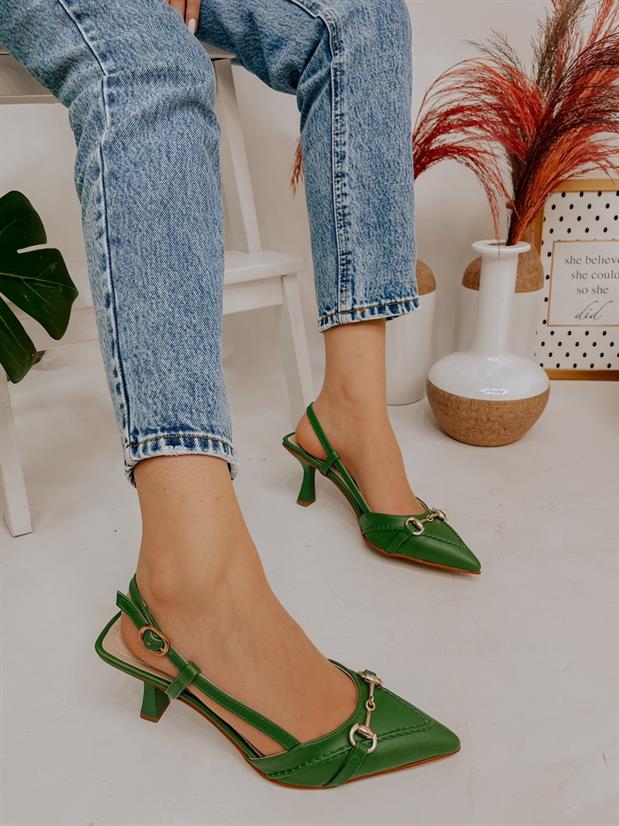 Yeşil Deri (Moss) Toka Detay Kadın Stiletto