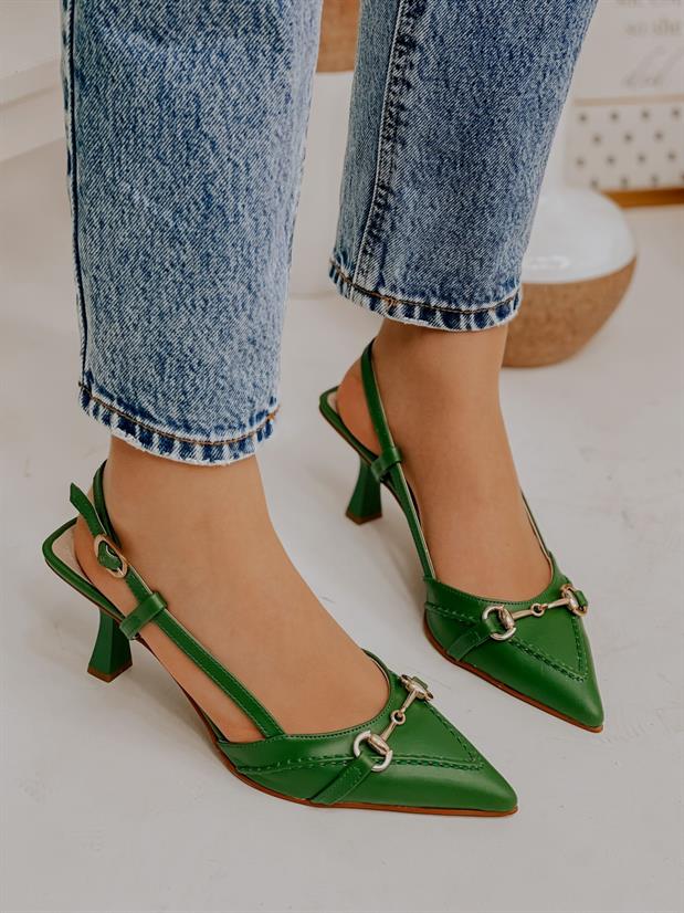 Yeşil Deri (Moss) Toka Detay Kadın Stiletto