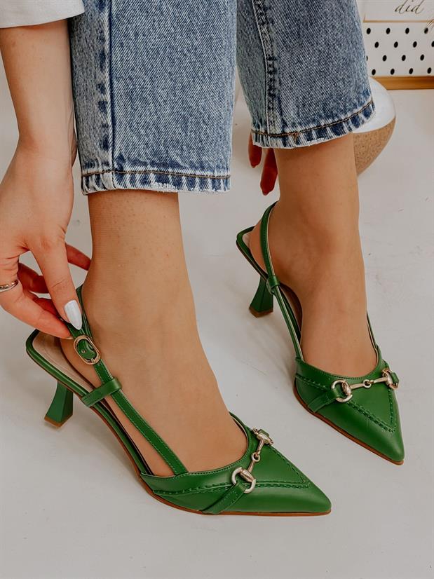 Yeşil Deri (Moss) Toka Detay Kadın Stiletto