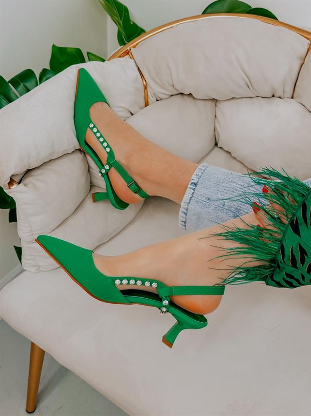 Yeşil Saten (Felix) Taş Detay Kadın Stiletto