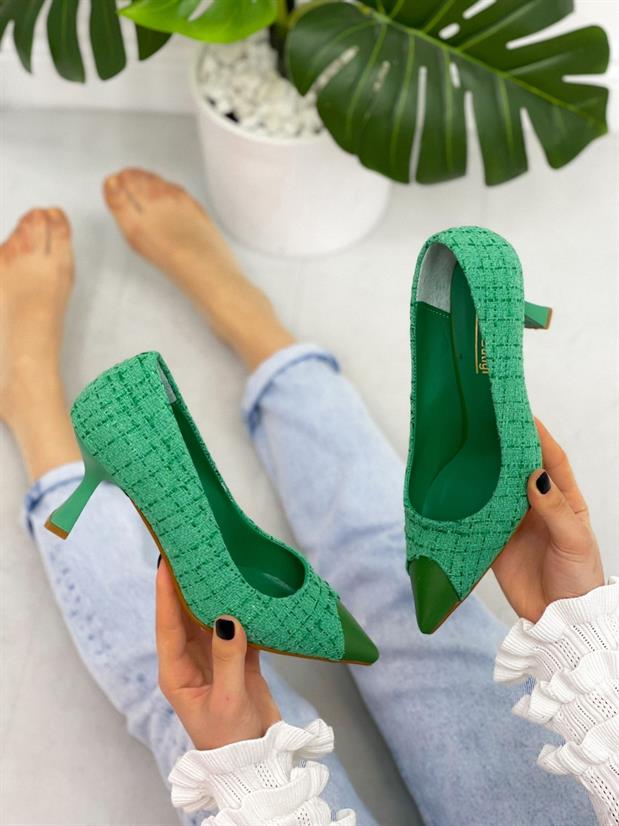Yeşil Tüvit (Tress) Maskelet Detay Kadın Stiletto